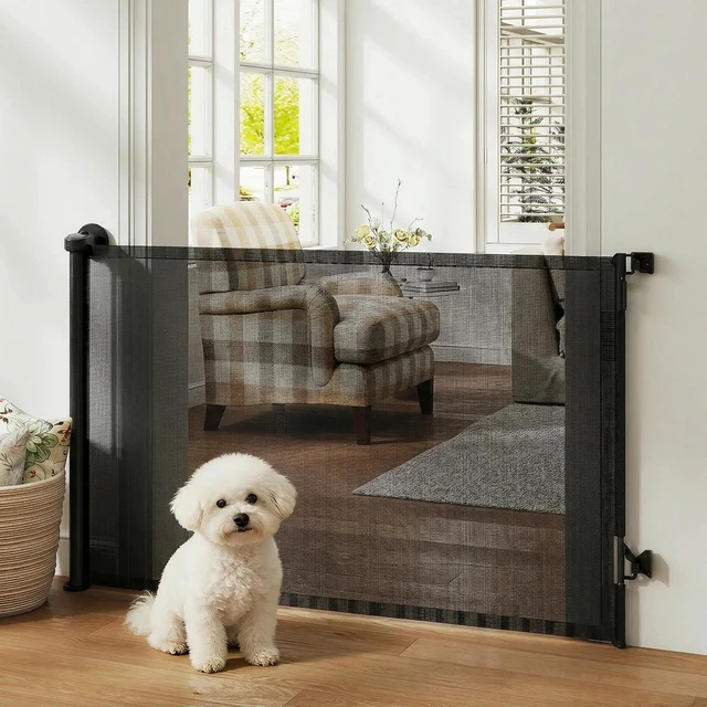 Main image of PawHut Retractable Dog Gate, Extends to 55" Wide, Mesh Pet Gate