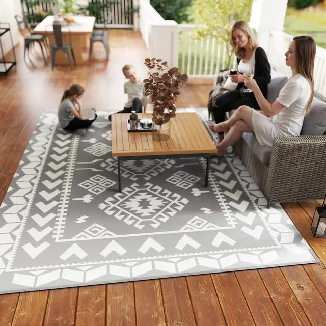 Alt view image 5 of 7 - 9' x 12' Reversible Outdoor Rug, Rhombus Patchwork, Grey, White