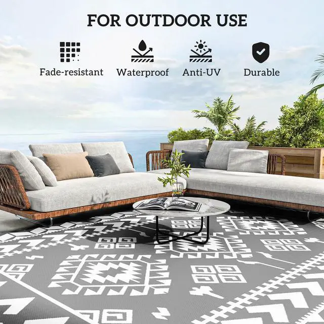 Alt view image 2 of 7 - 9' x 12' Reversible Outdoor Rug, Rhombus Patchwork, Grey, White