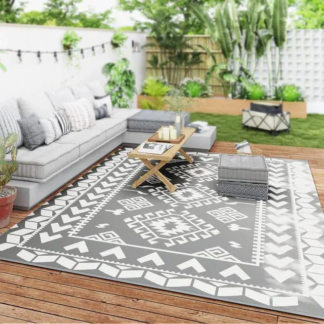 Alt view image 6 of 7 - 9' x 12' Reversible Outdoor Rug, Rhombus Patchwork, Grey, White