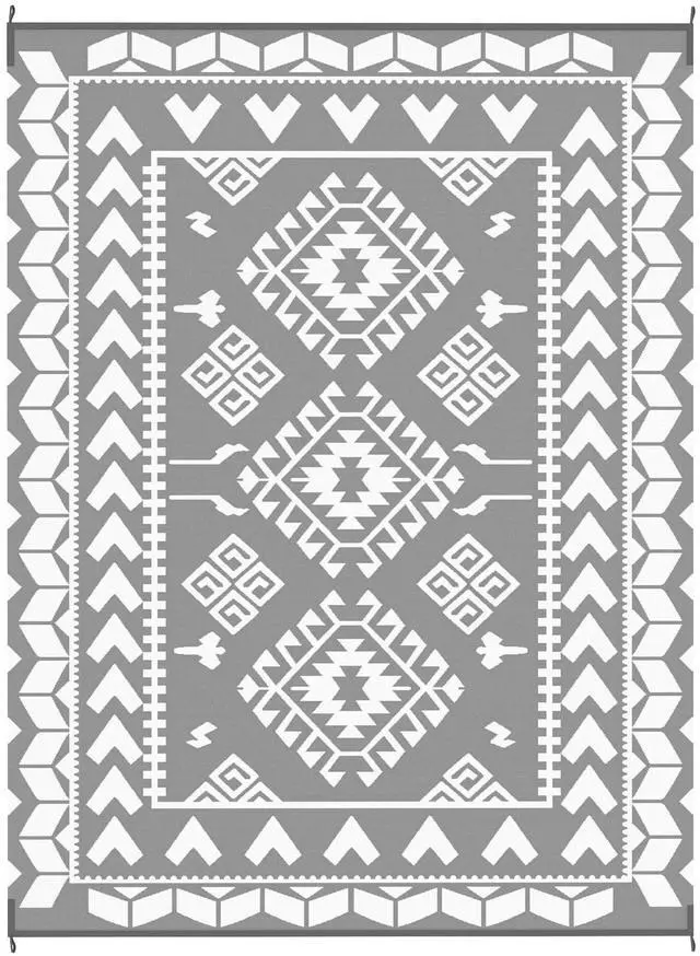Main image of 9' x 12' Reversible Outdoor Rug, Rhombus Patchwork, Grey, White
