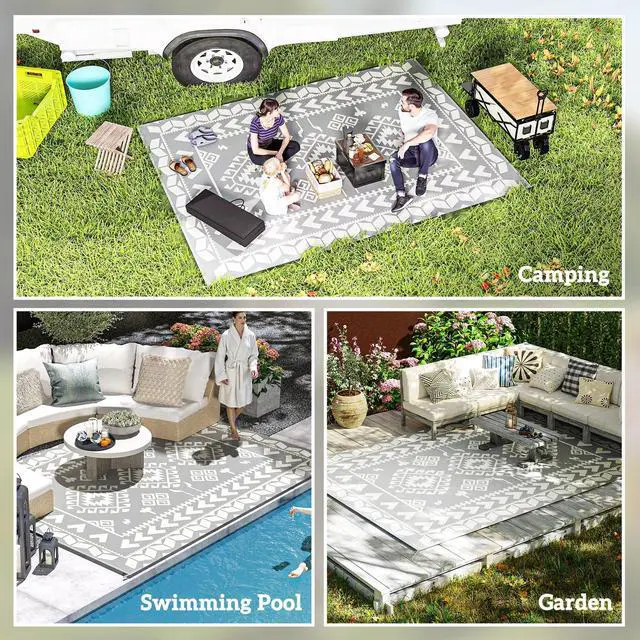 Alt view image 3 of 7 - 9' x 12' Reversible Outdoor Rug, Rhombus Patchwork, Grey, White