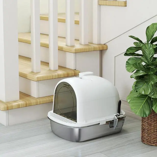 Alt view image 4 of 7 - PawHut Stainless Steel Litter Box, Enclosed Cat Litter Box with Scoop