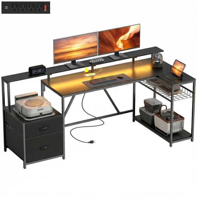 Main image of 76" Reversible Gaming Desk with RGB Lights and USB Ports, Black