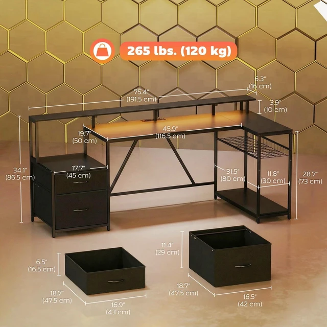 Alt view image 3 of 7 - 76" Reversible Gaming Desk with RGB Lights and USB Ports, Black