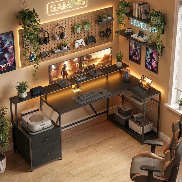 Alt view image 2 of 7 - 76" Reversible Gaming Desk with RGB Lights and USB Ports, Black