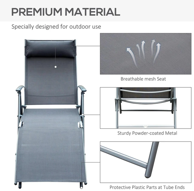 Alt view image 4 of 7 - Reclining Chair Sun Lounger Tri-Fold Adjustable Garden Grey
