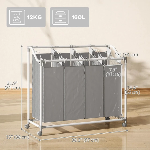 Alt view image 5 of 7 - Laundry Hamper with Wheels, 160L Laundry Basket with 4 Bags, Grey