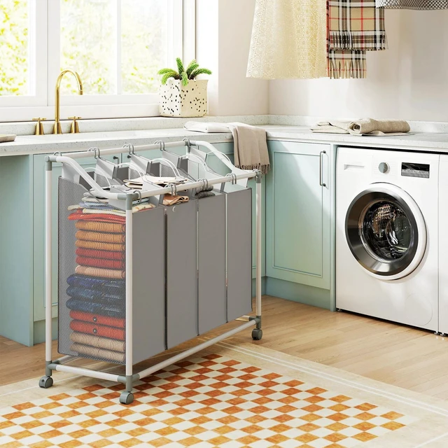 Alt view image 6 of 7 - Laundry Hamper with Wheels, 160L Laundry Basket with 4 Bags, Grey