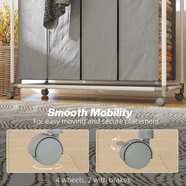 Alt view image 4 of 7 - Laundry Hamper with Wheels, 160L Laundry Basket with 4 Bags, Grey