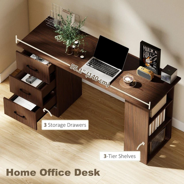 Alt view image 3 of 7 - Computer Desk with Storage Shelves 47" Home Office Desk with Drawers Black