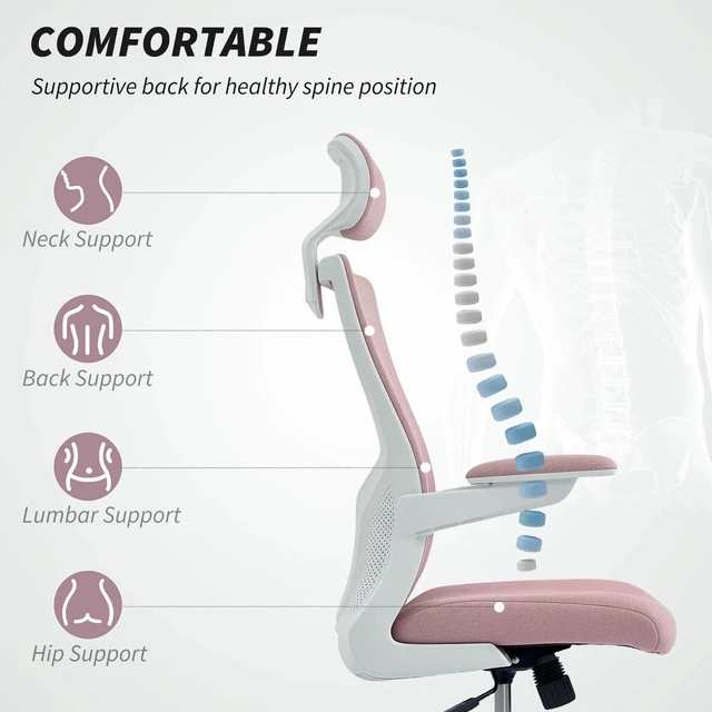 Alt view image 2 of 7 - Ergonomic Office Chair, Desk Chair with Adjustable Headrest, Pink