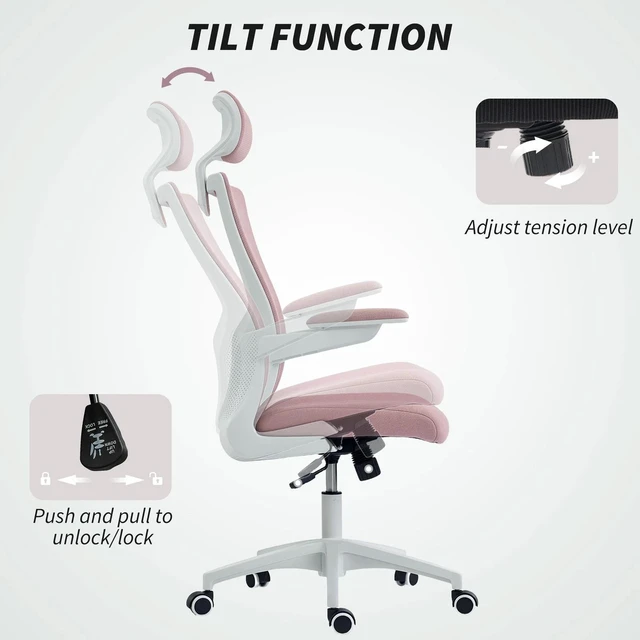Alt view image 3 of 7 - Ergonomic Office Chair, Desk Chair with Adjustable Headrest, Pink