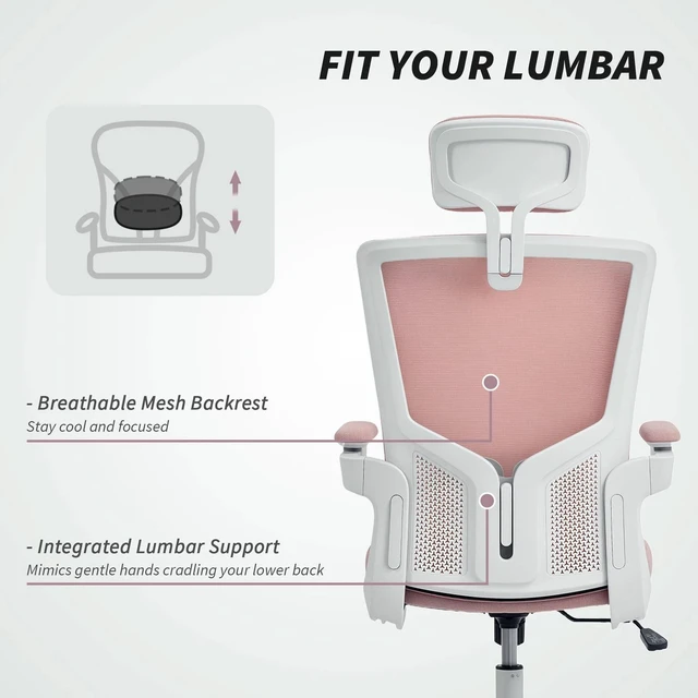 Alt view image 7 of 7 - Ergonomic Office Chair, Desk Chair with Adjustable Headrest, Pink