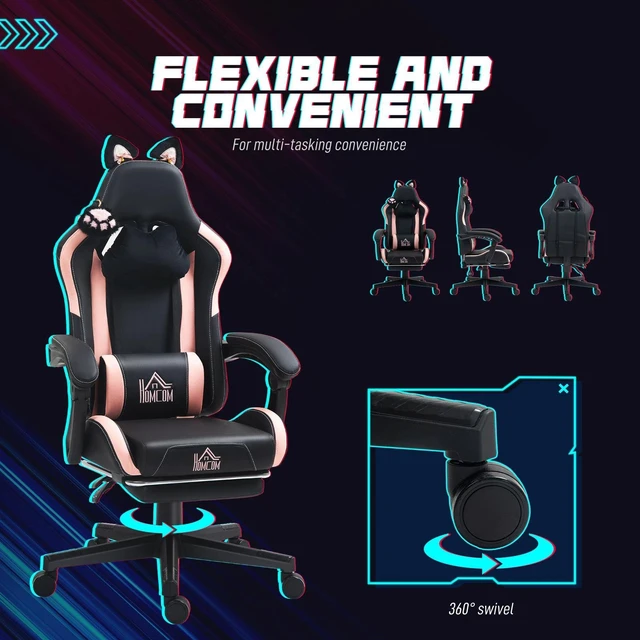 Alt view image 5 of 7 - Cute Gaming Chair, Reclining Gamer Chair with Footrest, Black