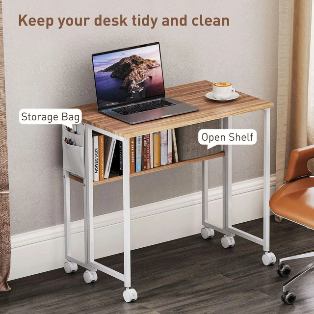 Alt view image 3 of 7 - Folding Desk, Portable Computer Desk with Shelf Wheels, Natural Wood