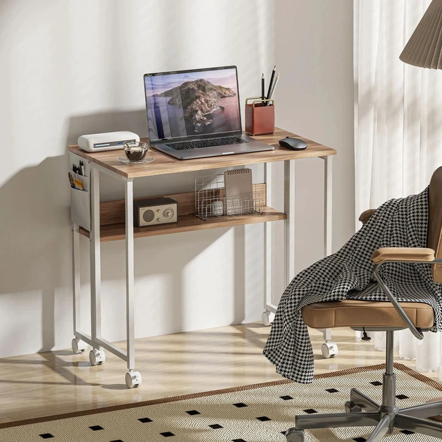 Alt view image 5 of 7 - Folding Desk, Portable Computer Desk with Shelf Wheels, Natural Wood