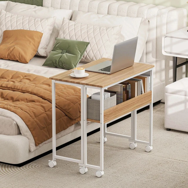 Alt view image 4 of 7 - Folding Desk, Portable Computer Desk with Shelf Wheels, Natural Wood