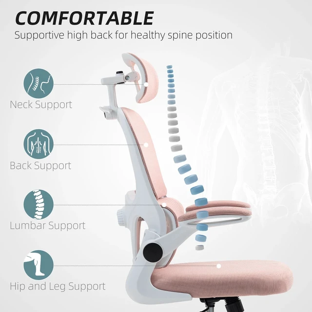 Alt view image 3 of 7 - Office Chair, Mesh Desk Chair with Headrest and Lumbar Support, Pink