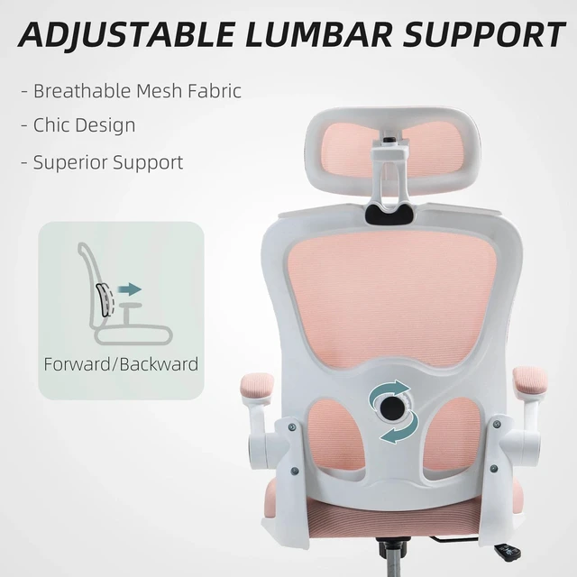 Alt view image 6 of 7 - Office Chair, Mesh Desk Chair with Headrest and Lumbar Support, Pink
