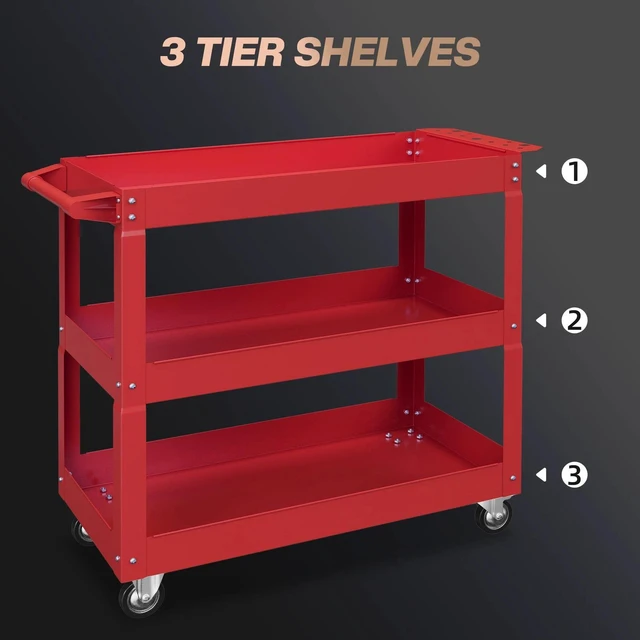 Alt view image 3 of 7 - 3 Tier Rolling Tool Cart with Wheels, Mobile Utility Cart for Garage, Red