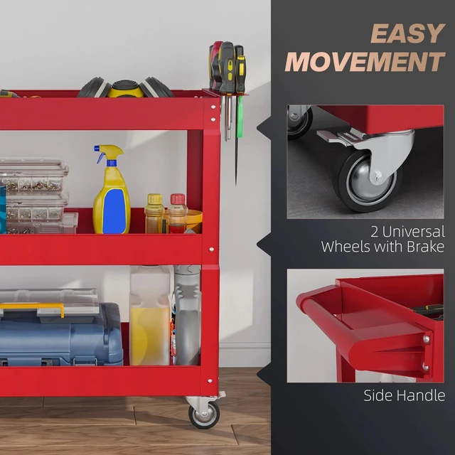 Alt view image 4 of 7 - 3 Tier Rolling Tool Cart with Wheels, Mobile Utility Cart for Garage, Red