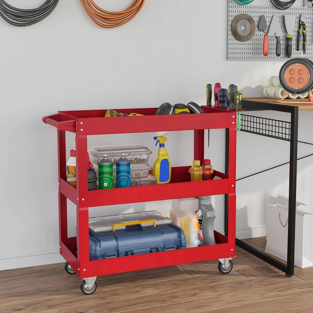 Alt view image 2 of 7 - 3 Tier Rolling Tool Cart with Wheels, Mobile Utility Cart for Garage, Red