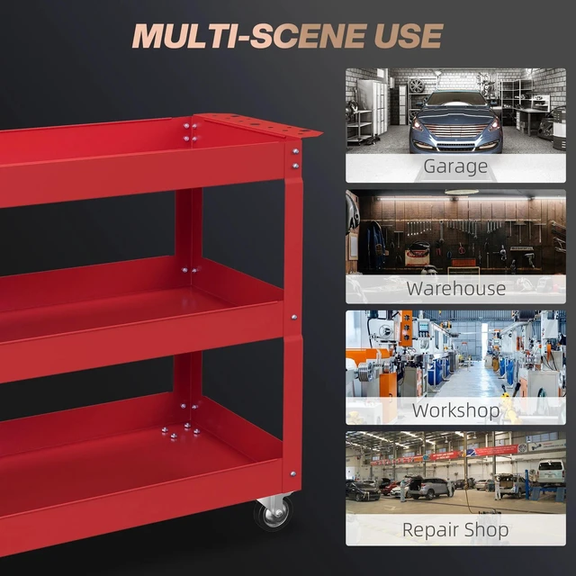 Alt view image 6 of 7 - 3 Tier Rolling Tool Cart with Wheels, Mobile Utility Cart for Garage, Red