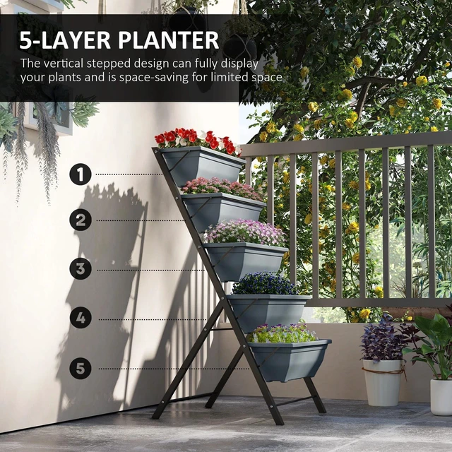 Alt view image 3 of 7 - 5-Tier Raised Garden Bed with Leaking Holes Plant Flower Vegetable Pots Grey