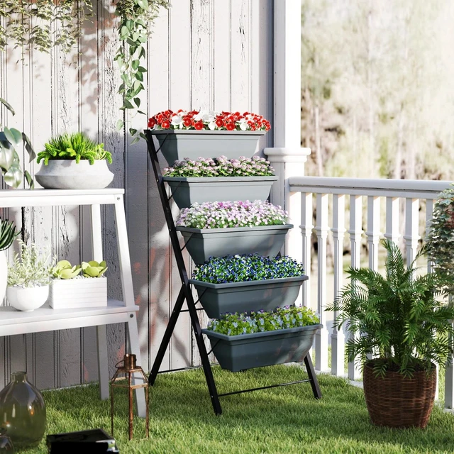 Alt view image 5 of 7 - 5-Tier Raised Garden Bed with Leaking Holes Plant Flower Vegetable Pots Grey