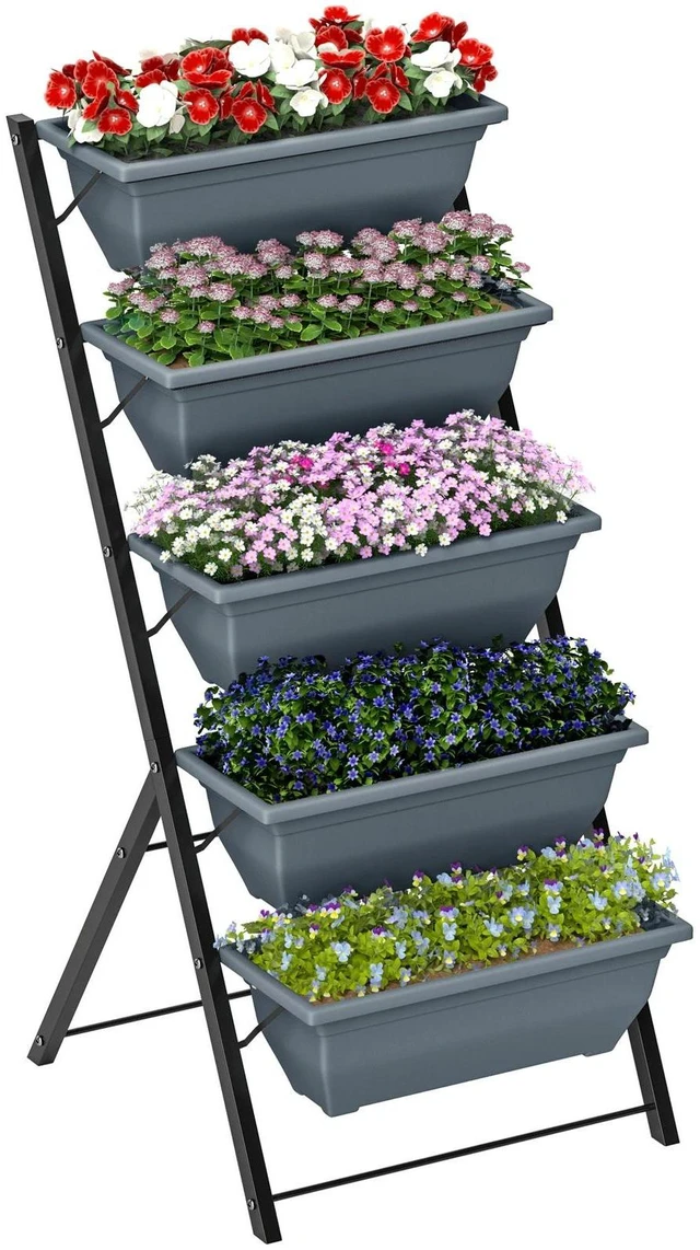 Main image of 5-Tier Raised Garden Bed with Leaking Holes Plant Flower Vegetable Pots Grey
