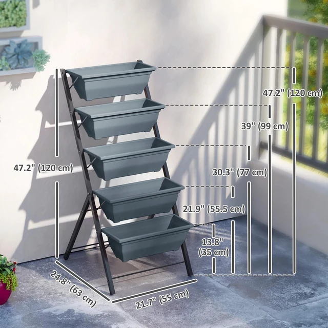 Alt view image 6 of 7 - 5-Tier Raised Garden Bed with Leaking Holes Plant Flower Vegetable Pots Grey