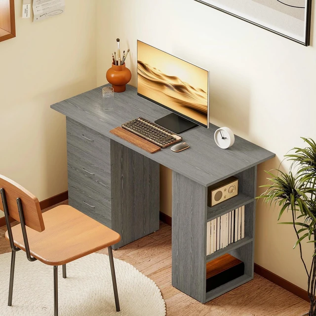 Alt view image 2 of 7 - Computer Desk with Storage Shelves 47" Home Office Desk with Drawers Grey