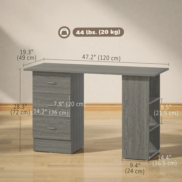 Alt view image 6 of 7 - Computer Desk with Storage Shelves 47" Home Office Desk with Drawers Grey