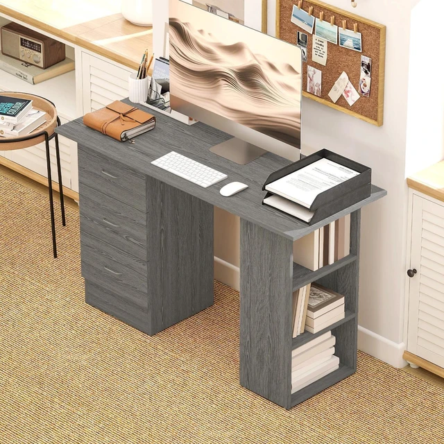 Alt view image 3 of 7 - Computer Desk with Storage Shelves 47" Home Office Desk with Drawers Grey