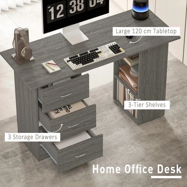 Alt view image 7 of 7 - Computer Desk with Storage Shelves 47" Home Office Desk with Drawers Grey