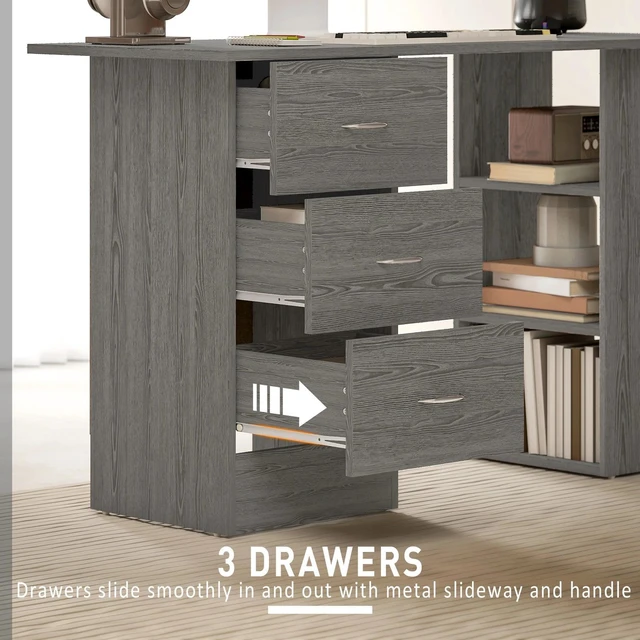 Alt view image 4 of 7 - Computer Desk with Storage Shelves 47" Home Office Desk with Drawers Grey
