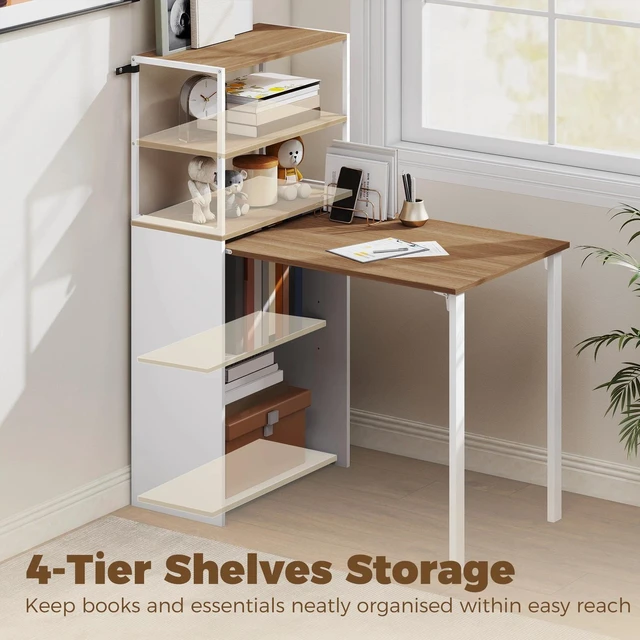 Alt view image 7 of 7 - Folding Computer Desk with 4-Tier Bookshelf, Natural