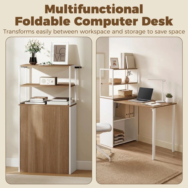 Alt view image 2 of 7 - Folding Computer Desk with 4-Tier Bookshelf, Natural