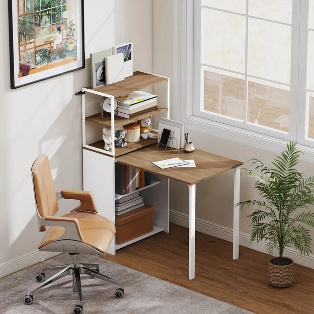 Alt view image 5 of 7 - Folding Computer Desk with 4-Tier Bookshelf, Natural