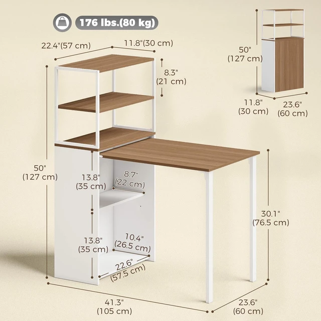 Alt view image 6 of 7 - Folding Computer Desk with 4-Tier Bookshelf, Natural