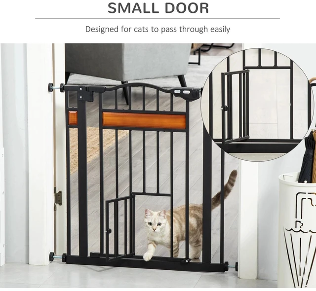 Alt view image 2 of 7 - Dog Gate with Cat Door Walk Through Pet Gates Auto Close Double Locking Black