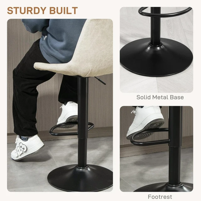 Alt view image 6 of 7 - Set Of 2 Microfiber Retro Tub Bar Stools w/ Metal Frame Footrest Home Seat Cream