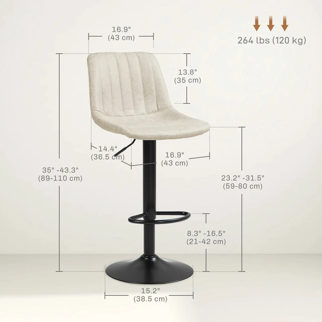 Alt view image 5 of 7 - Set Of 2 Microfiber Retro Tub Bar Stools w/ Metal Frame Footrest Home Seat Cream