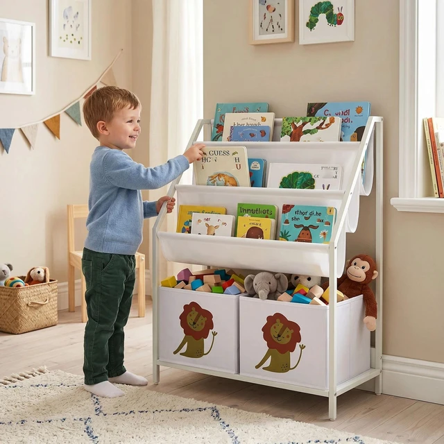 Alt view image 5 of 7 - Kids Bookshelf, 3-Tier Sling Bookshelf with Non-Woven Drawers