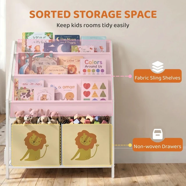 Alt view image 7 of 7 - Kids Bookshelf, 3-Tier Sling Bookshelf with Non-Woven Drawers