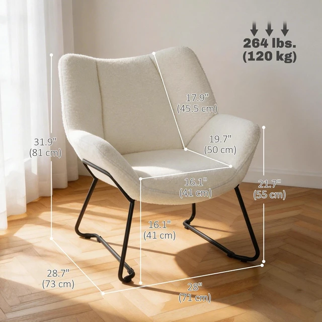 Alt view image 2 of 7 - Accent Chair, Sherpa Fleece Armchair w/ Wide Back, Metal Legs, White