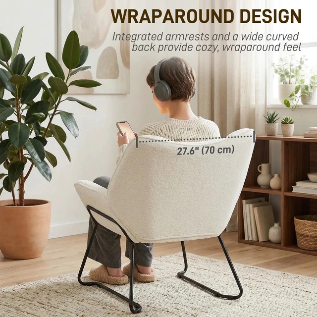 Alt view image 3 of 7 - Accent Chair, Sherpa Fleece Armchair w/ Wide Back, Metal Legs, White