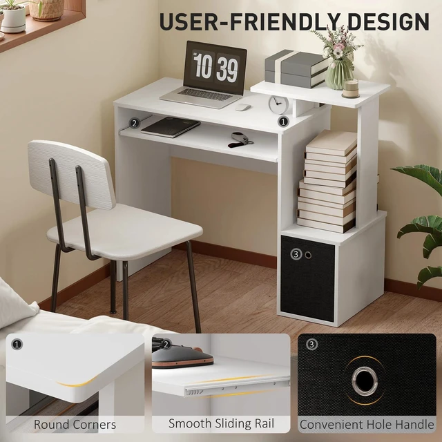 Alt view image 5 of 7 - Computer Desk with Sliding Keyboard Tray Storage Drawer Shelf Workstation White