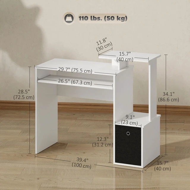 Alt view image 3 of 7 - Computer Desk with Sliding Keyboard Tray Storage Drawer Shelf Workstation White